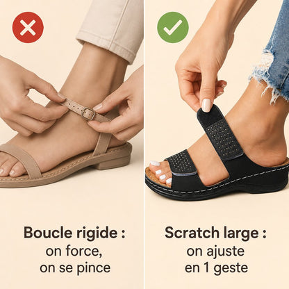 Sandale Balea : le scratch large se règle en un geste, contrairement à la boucle rigide