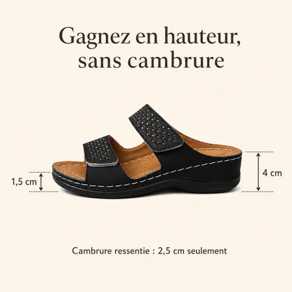 Sandale Balea : 4 cm au talon, 1,5 cm à l'avant, cambrure ressentie de 2,5 cm seulement